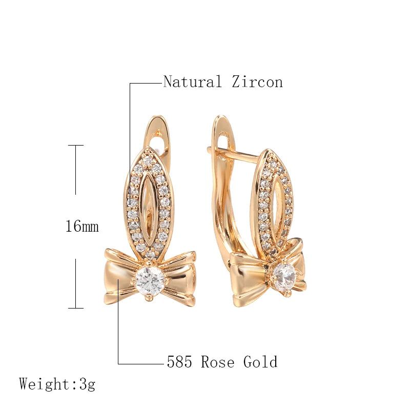 Elegant Bowknot Natural Zircon Dangle Earrings in 585 Rose Gold - Fashionable Bridal Jewelry