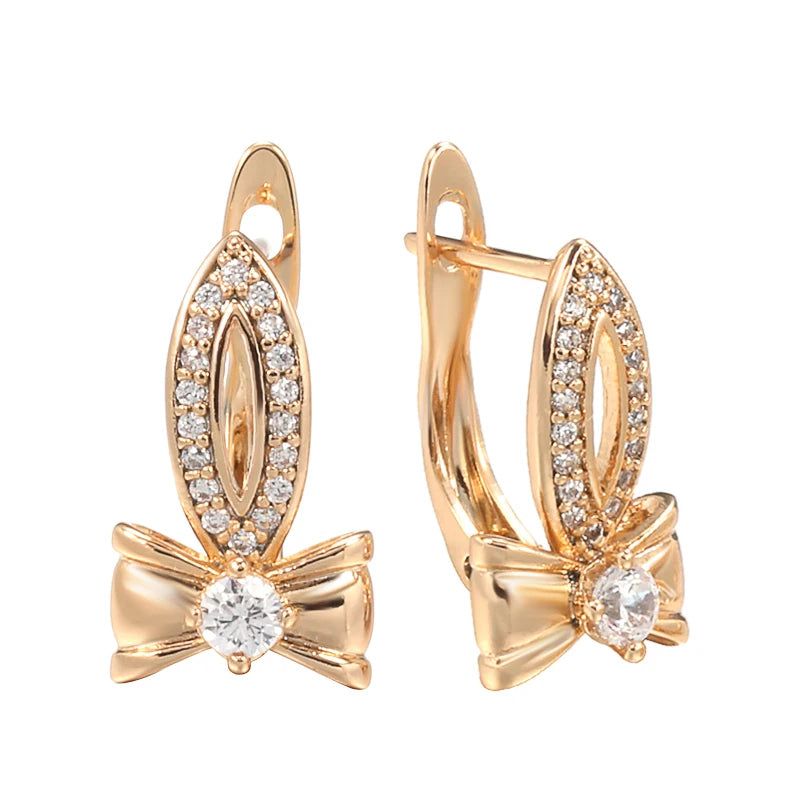 Elegant Bowknot Natural Zircon Dangle Earrings in 585 Rose Gold - Fashionable Bridal Jewelry