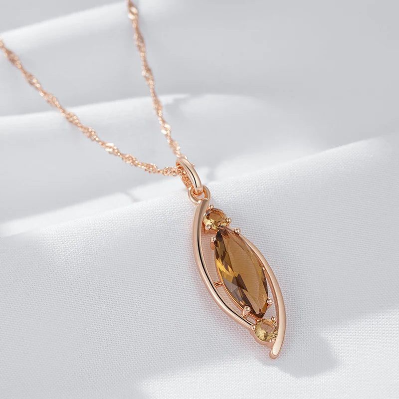 Elegant Brown Zircon Crystal Pendant Necklace in 585 Rose Gold Finish