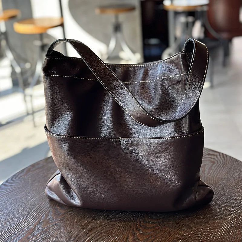 Elegant Cowhide Leather Shoulder Bag for Women - Spacious Casual Tote for Everyday Use