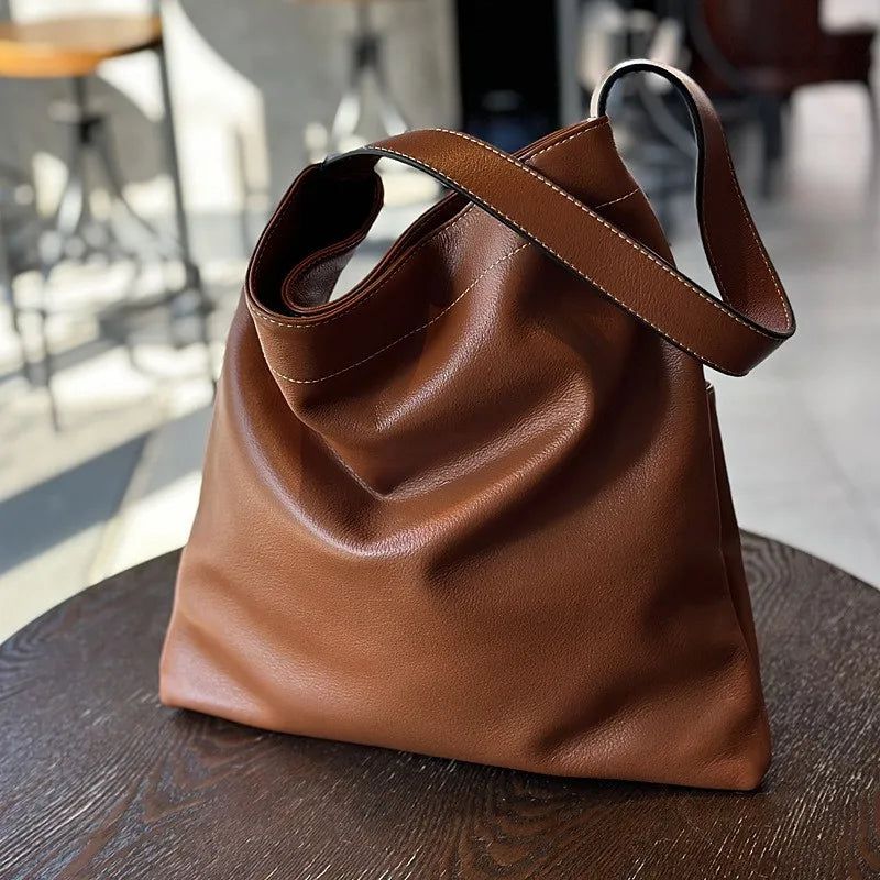 Elegant Cowhide Leather Shoulder Bag for Women - Spacious Casual Tote for Everyday Use