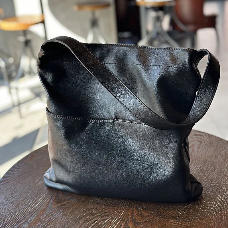 Elegant Cowhide Leather Shoulder Bag for Women - Spacious Casual Tote for Everyday Use