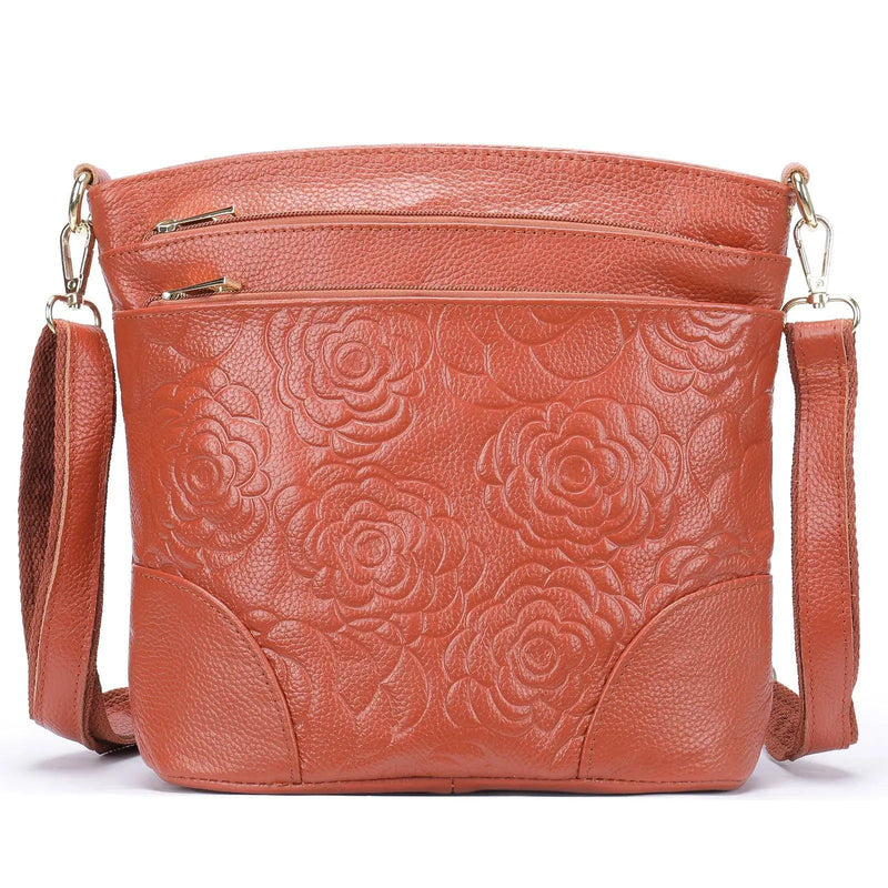 Elegant Embossed Genuine Leather Women's Crossbody Bag - Soft Multi-Compartment Shoulder Tote in Solid Color