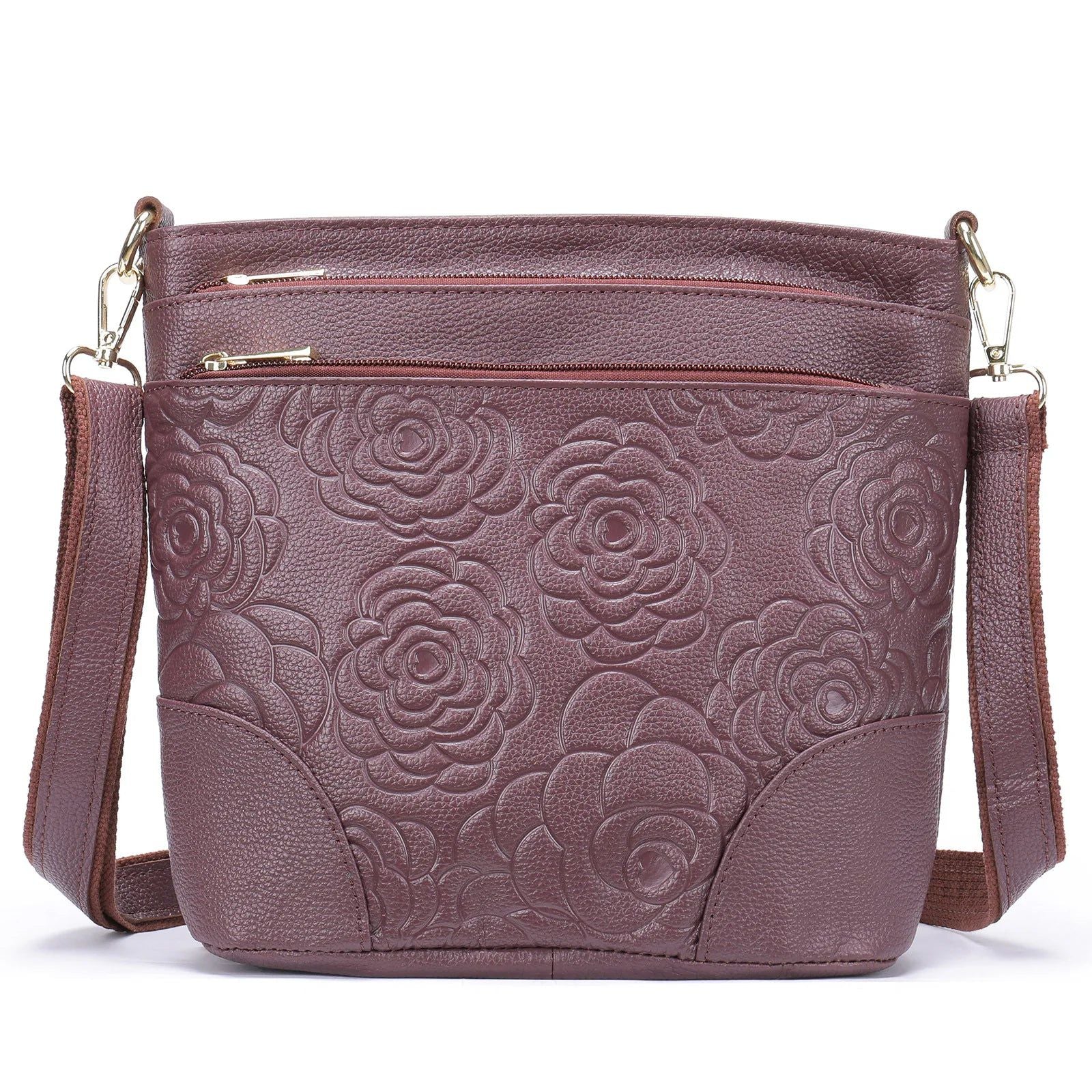 Elegant Embossed Genuine Leather Women's Crossbody Bag - Soft Multi-Compartment Shoulder Tote in Solid Color