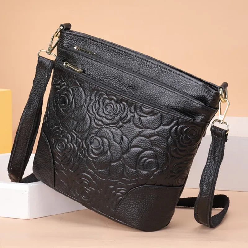 Elegant Embossed Genuine Leather Women's Crossbody Bag - Soft Multi-Compartment Shoulder Tote in Solid Color