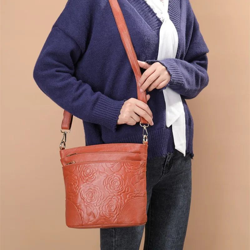 Elegant Embossed Genuine Leather Women's Crossbody Bag - Soft Multi-Compartment Shoulder Tote in Solid Color