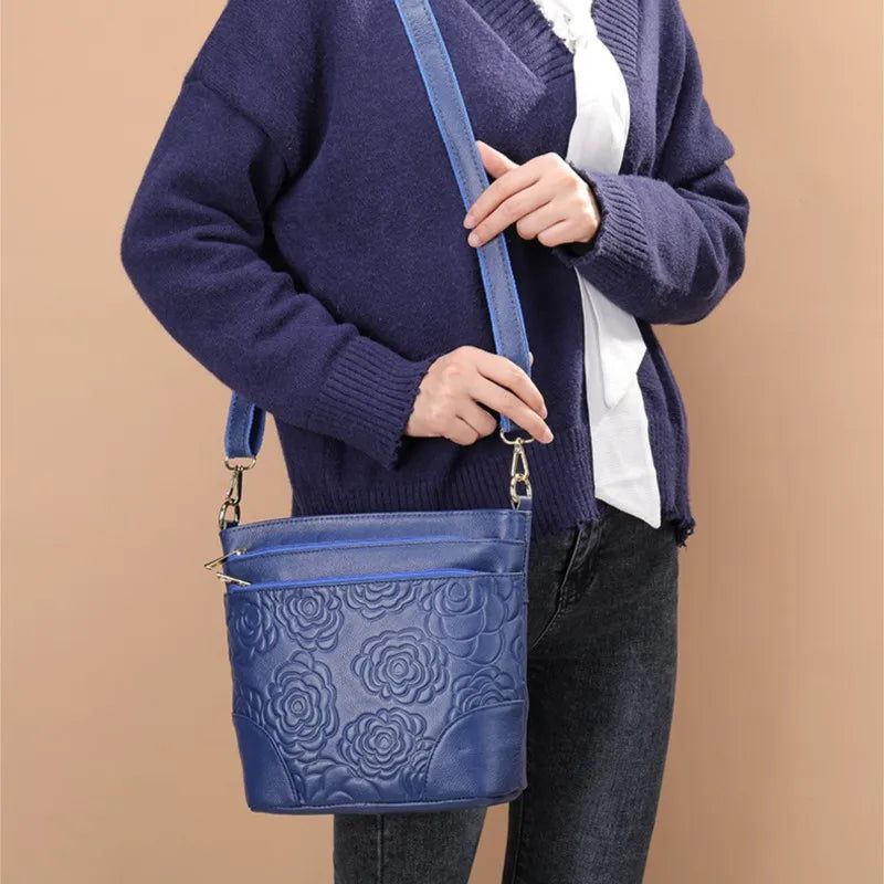 Elegant Embossed Genuine Leather Women's Crossbody Bag - Soft Multi-Compartment Shoulder Tote in Solid Color