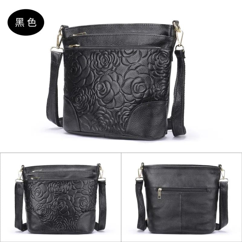 Elegant Embossed Genuine Leather Women's Crossbody Bag - Soft Multi-Compartment Shoulder Tote in Solid Color