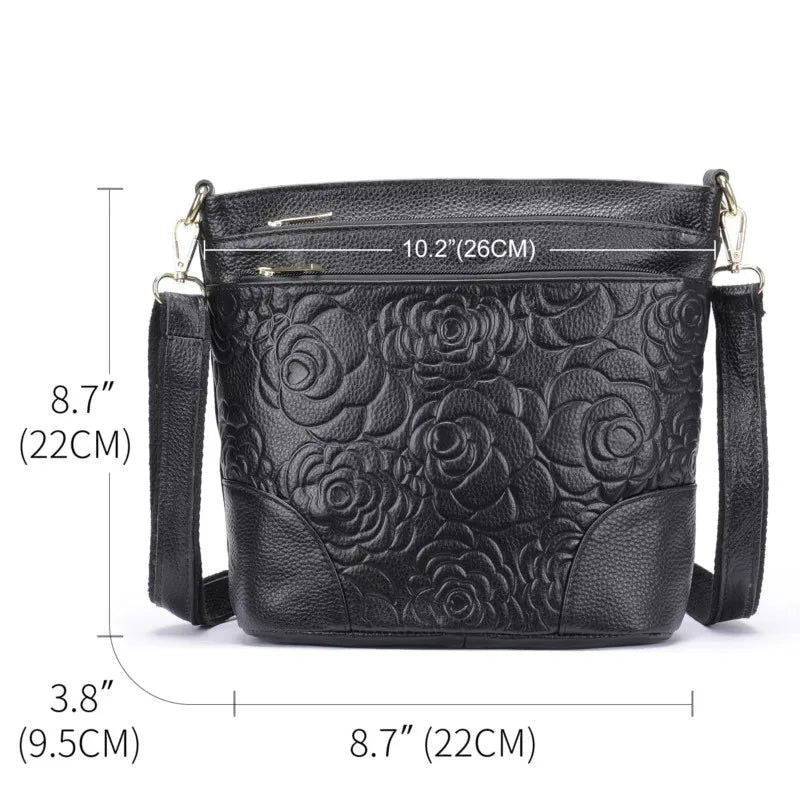 Elegant Embossed Genuine Leather Women's Crossbody Bag - Soft Multi-Compartment Shoulder Tote in Solid Color