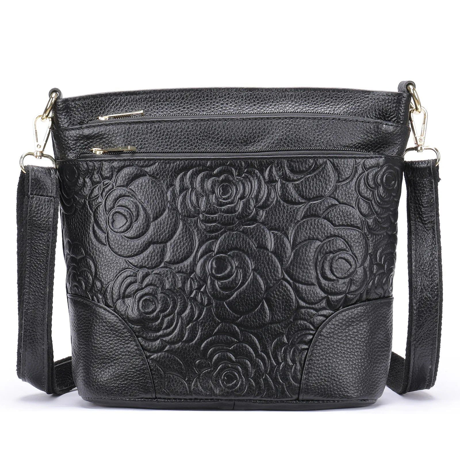 Elegant Embossed Genuine Leather Women's Crossbody Bag - Soft Multi-Compartment Shoulder Tote in Solid Color