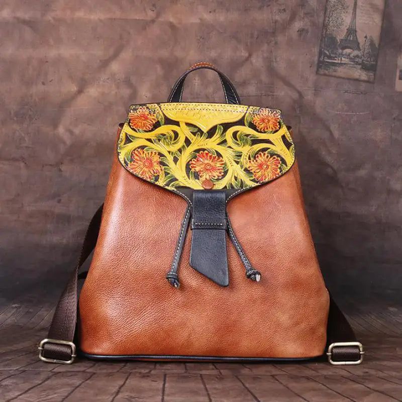 Elegant Floral Embossed Cow Leather Backpack for Women - Handmade Luxury Travel Bag