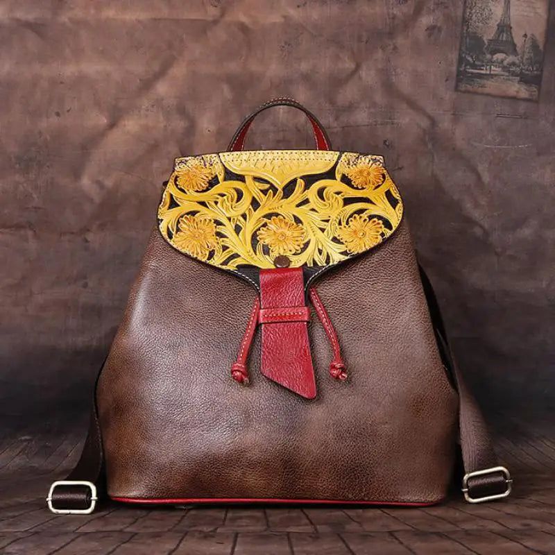 Elegant Floral Embossed Cow Leather Backpack for Women - Handmade Luxury Travel Bag