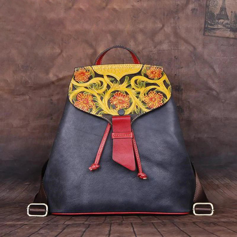 Elegant Floral Embossed Cow Leather Backpack for Women - Handmade Luxury Travel Bag