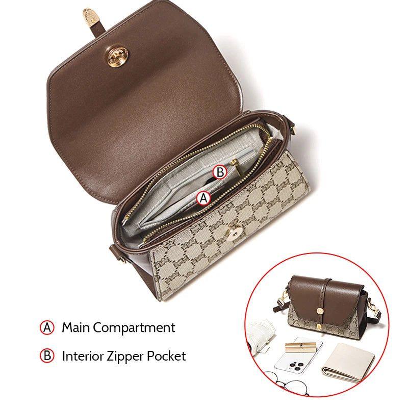 Elegant Foxer Signature Monogram Crossbody Shoulder Bag for Women – Retro Flap Design in Fabric & PU Leather