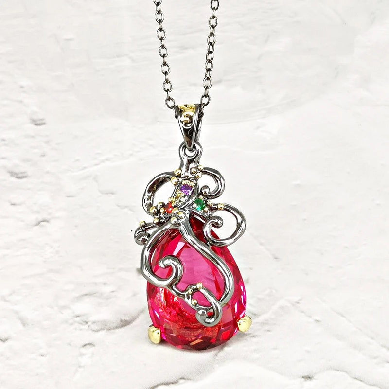 Elegant Fuchsia Water Drop Pendant Necklace in Baroque Style