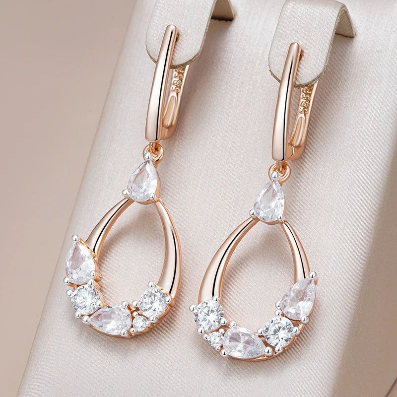 Elegant Geometric Design Long Drop Earrings with Natural Zircon in 585 Rose Gold and Antique Gold