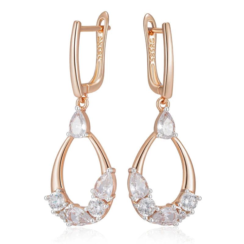 Elegant Geometric Design Long Drop Earrings with Natural Zircon in 585 Rose Gold and Antique Gold