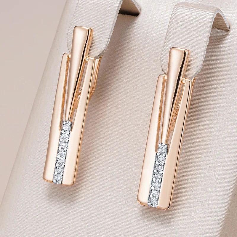 Elegant Geometric Drop Earrings with 585 Rose Gold and Silver Accents, Adorned with Natural Zircon