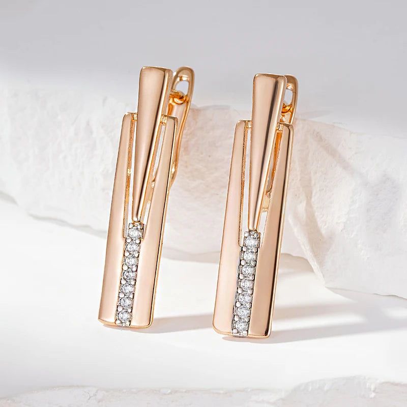 Elegant Geometric Drop Earrings with 585 Rose Gold and Silver Accents, Adorned with Natural Zircon