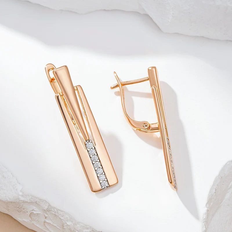 Elegant Geometric Drop Earrings with 585 Rose Gold and Silver Accents, Adorned with Natural Zircon