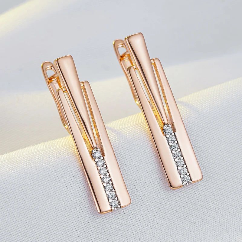 Elegant Geometric Drop Earrings with 585 Rose Gold and Silver Accents, Adorned with Natural Zircon