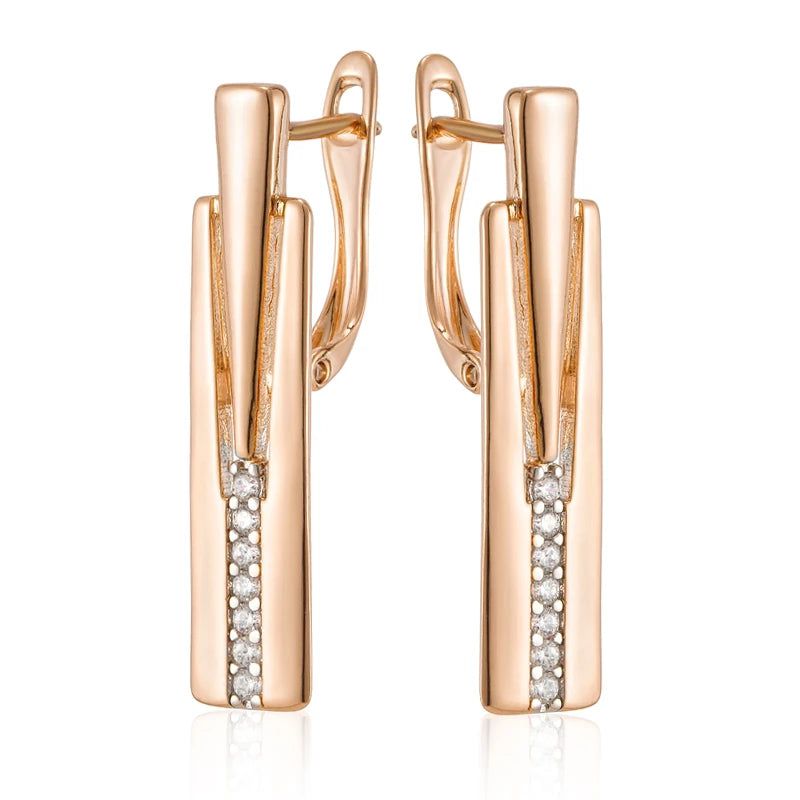 Elegant Geometric Drop Earrings with 585 Rose Gold and Silver Accents, Adorned with Natural Zircon