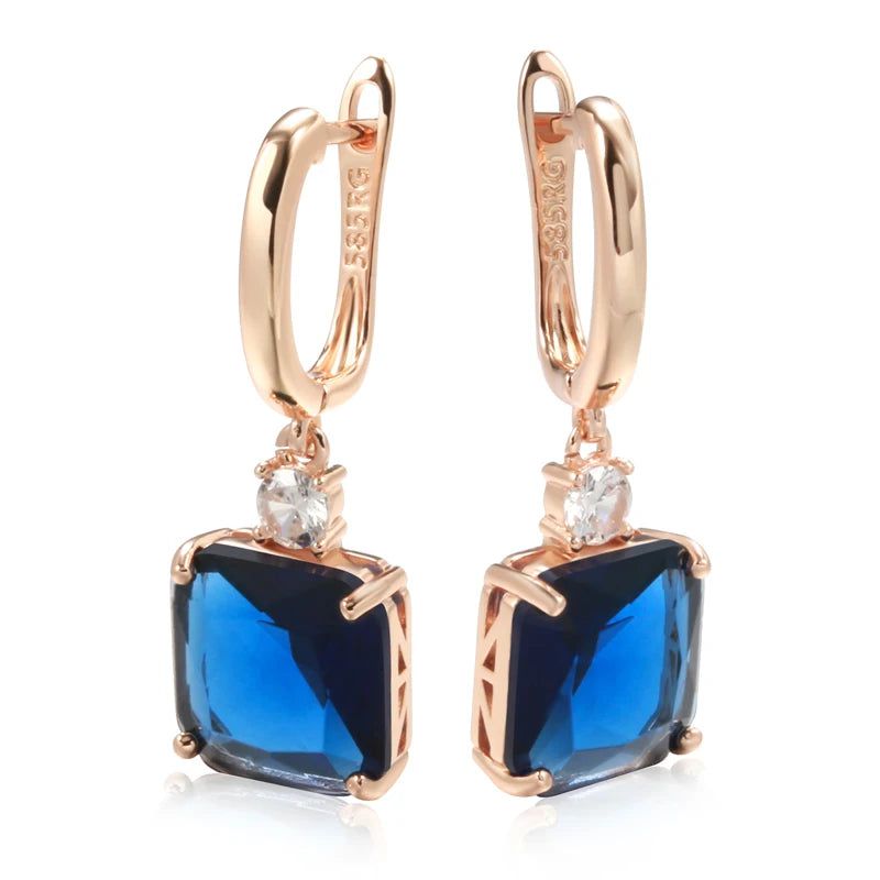 Elegant Geometric Long Dangle Earrings in Dark Blue and 585 Rose Gold with Natural Zircon