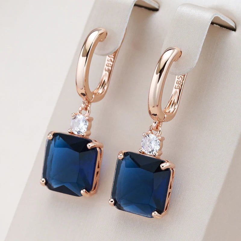 Elegant Geometric Long Dangle Earrings in Dark Blue and 585 Rose Gold with Natural Zircon