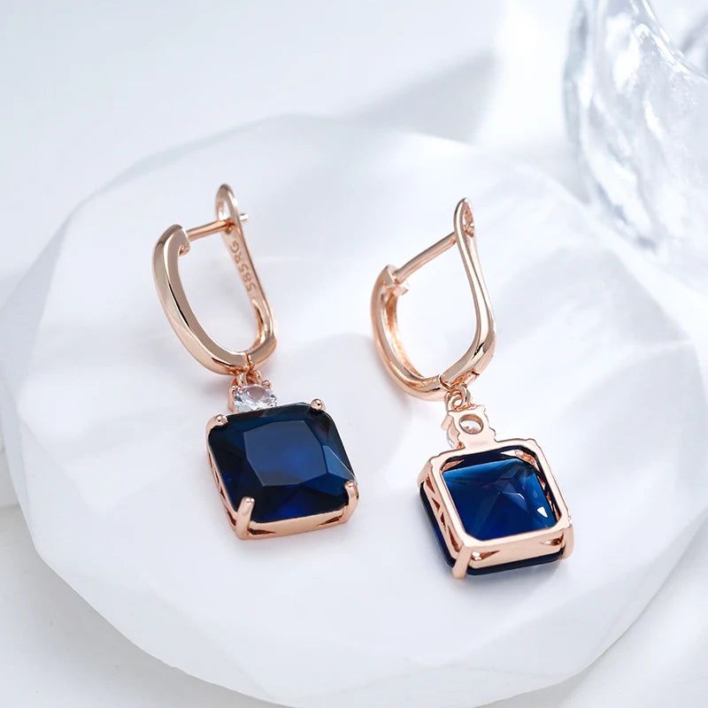 Elegant Geometric Long Dangle Earrings in Dark Blue and 585 Rose Gold with Natural Zircon