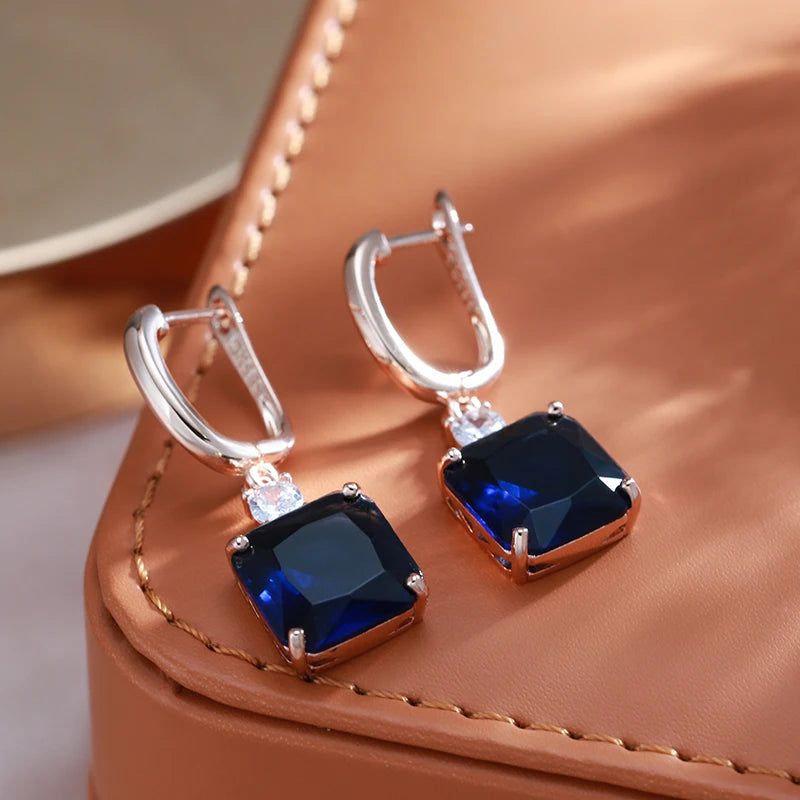 Elegant Geometric Long Dangle Earrings in Dark Blue and 585 Rose Gold with Natural Zircon