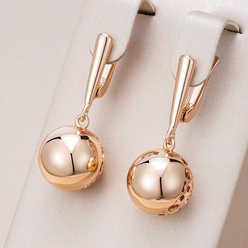 Elegant Geometric Long Drop Earrings in 585 Rose Gold with Glossy Ball Accent