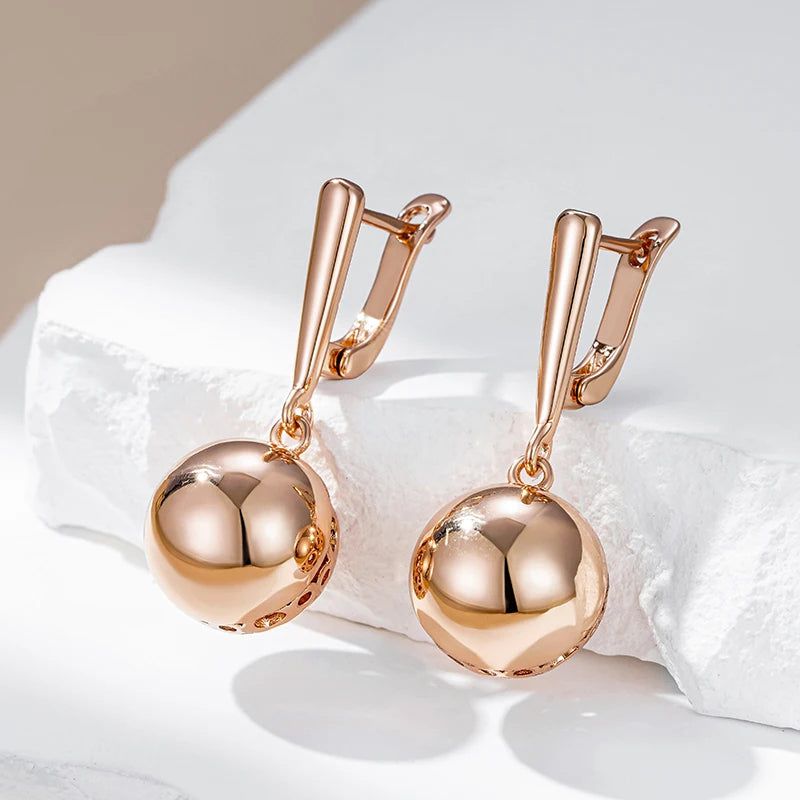 Elegant Geometric Long Drop Earrings in 585 Rose Gold with Glossy Ball Accent