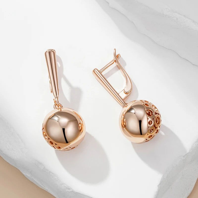 Elegant Geometric Long Drop Earrings in 585 Rose Gold with Glossy Ball Accent