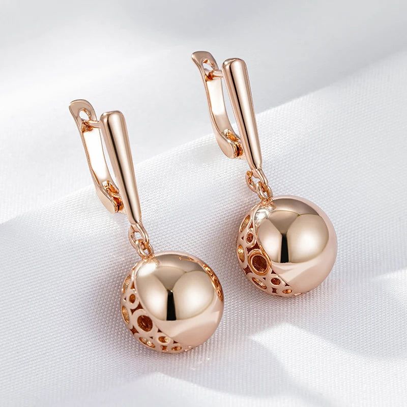 Elegant Geometric Long Drop Earrings in 585 Rose Gold with Glossy Ball Accent