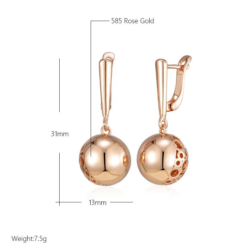 Elegant Geometric Long Drop Earrings in 585 Rose Gold with Glossy Ball Accent