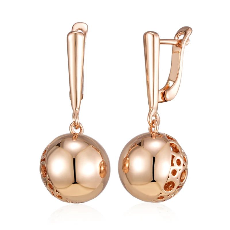 Elegant Geometric Long Drop Earrings in 585 Rose Gold with Glossy Ball Accent