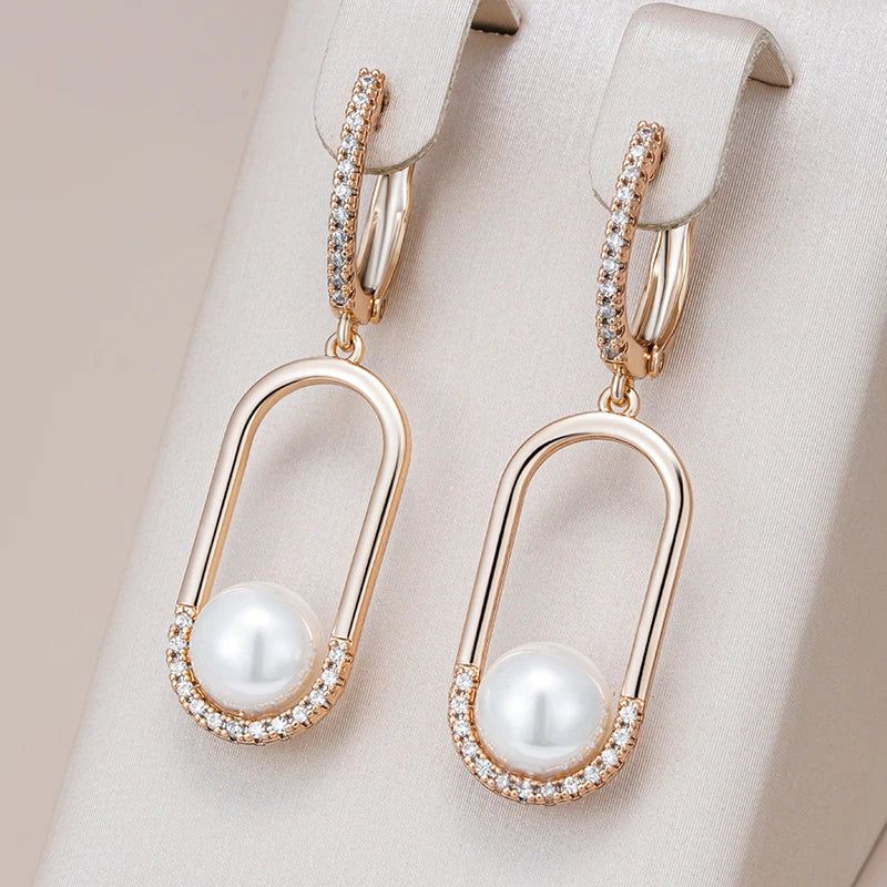 Elegant Geometric Long Drop Earrings in 585 Rose Gold with Natural Pearls and Zircon Accents