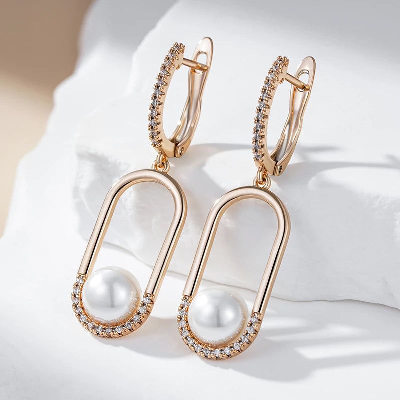 Elegant Geometric Long Drop Earrings in 585 Rose Gold with Natural Pearls and Zircon Accents