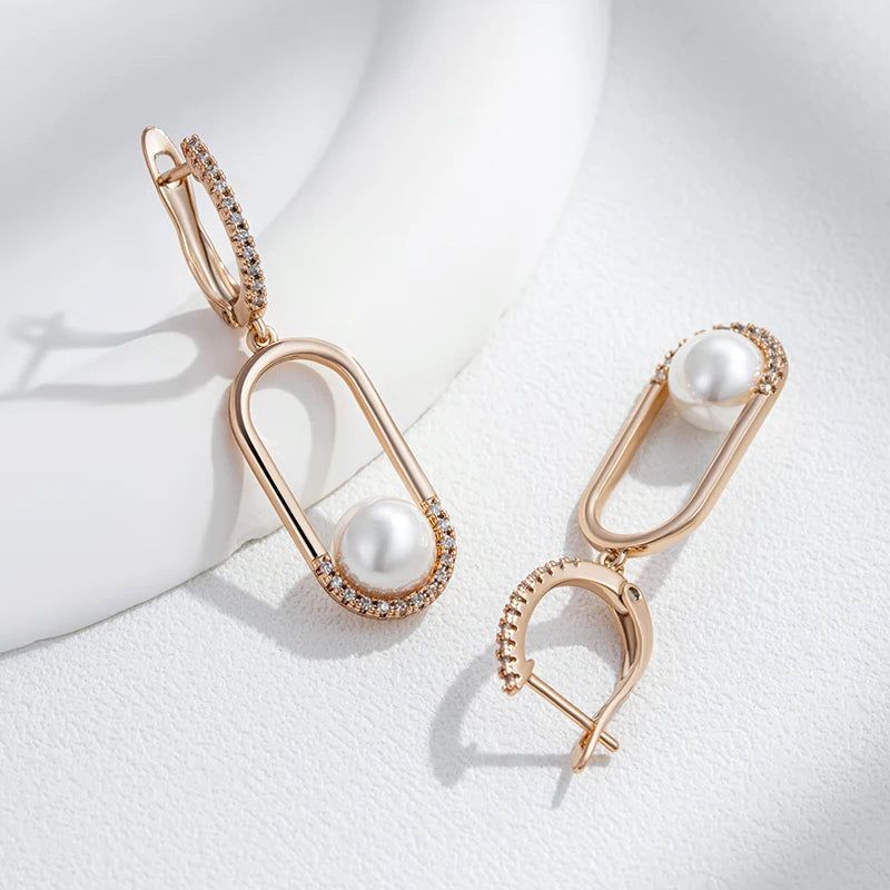 Elegant Geometric Long Drop Earrings in 585 Rose Gold with Natural Pearls and Zircon Accents