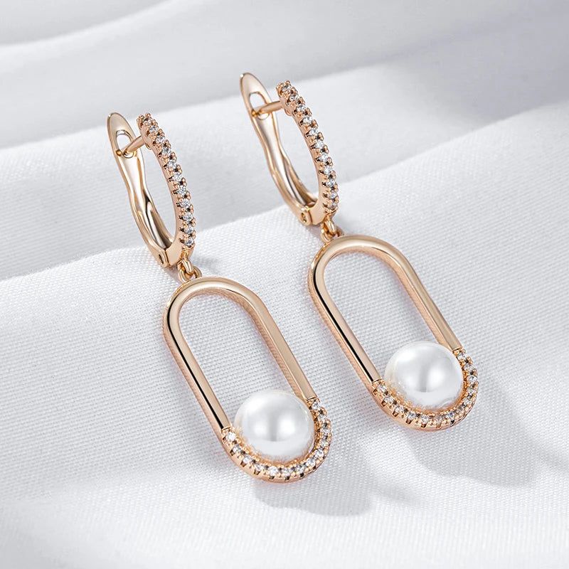 Elegant Geometric Long Drop Earrings in 585 Rose Gold with Natural Pearls and Zircon Accents