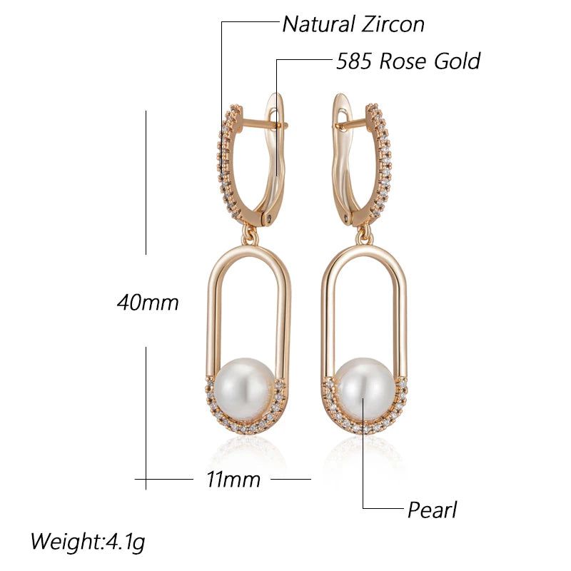 Elegant Geometric Long Drop Earrings in 585 Rose Gold with Natural Pearls and Zircon Accents