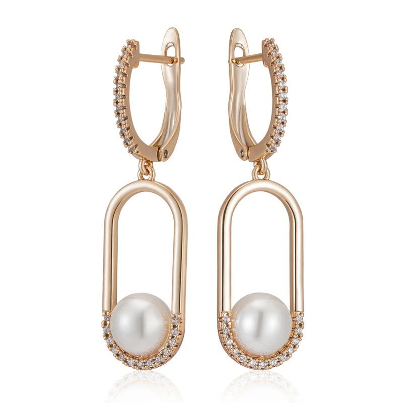 Elegant Geometric Long Drop Earrings in 585 Rose Gold with Natural Pearls and Zircon Accents