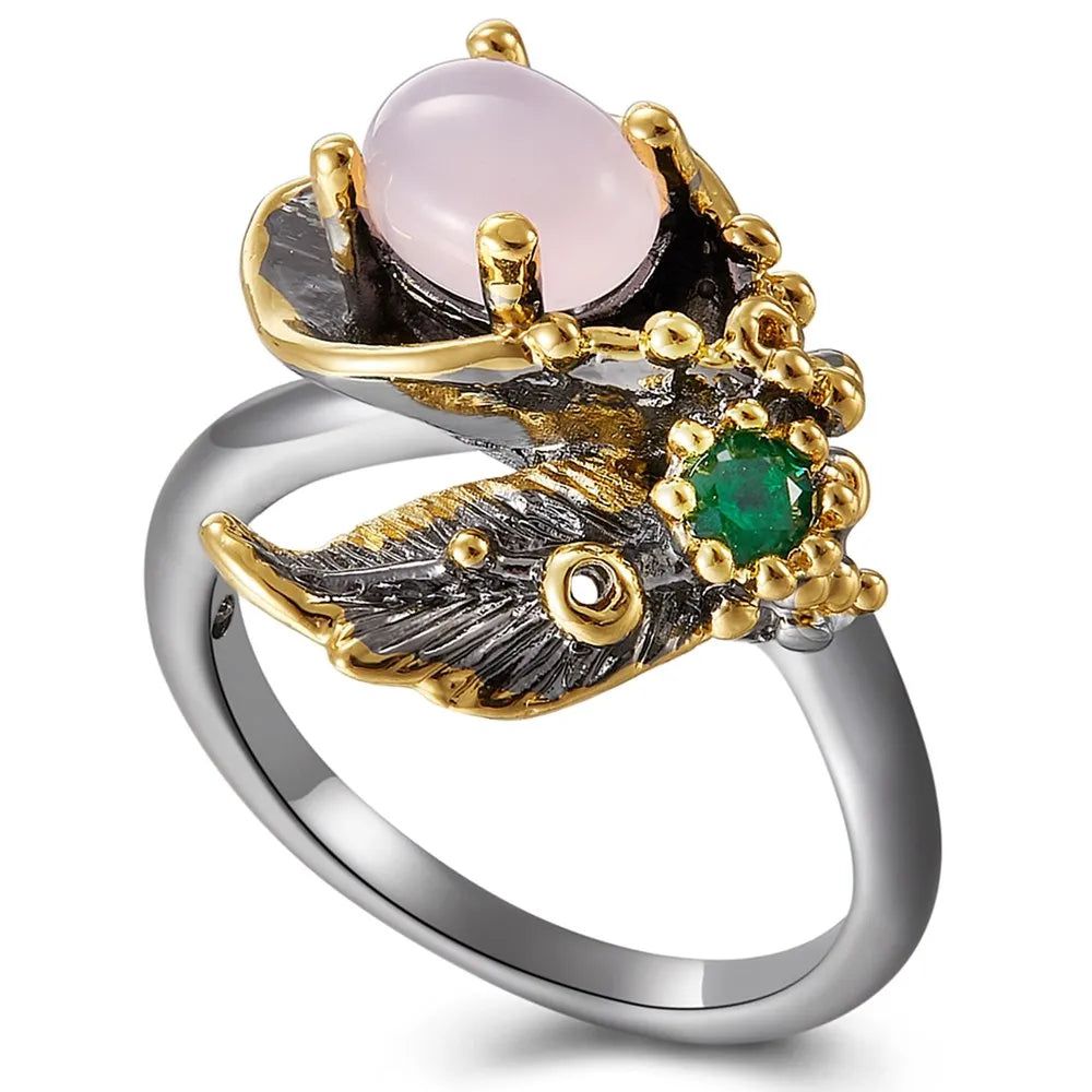 Elegant Pink Opal Blossom Ring in Black Gold for Sizes 7, 8, 9