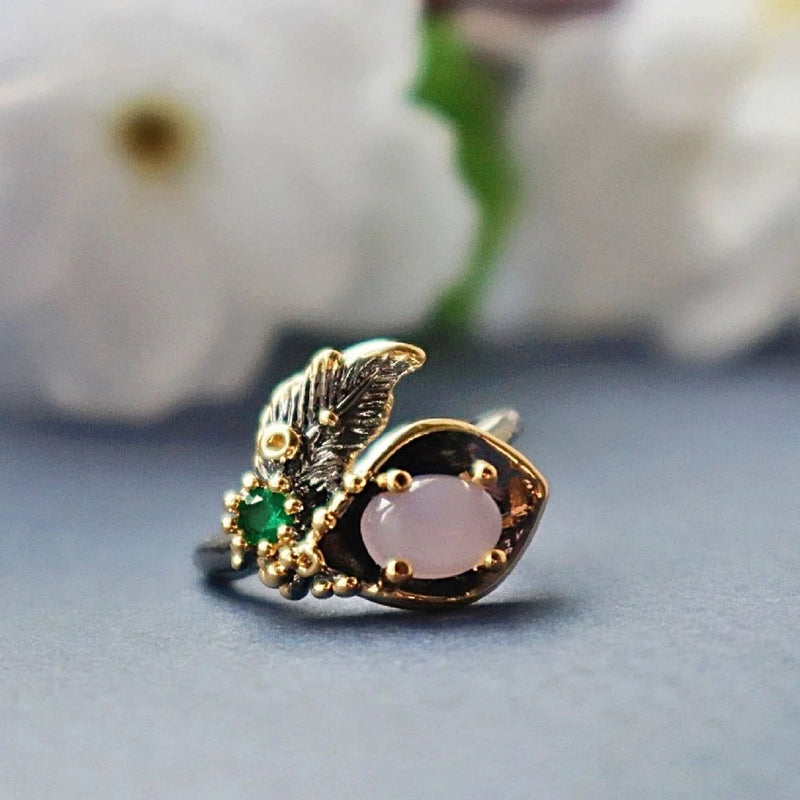 Elegant Pink Opal Blossom Ring in Black Gold for Sizes 7, 8, 9