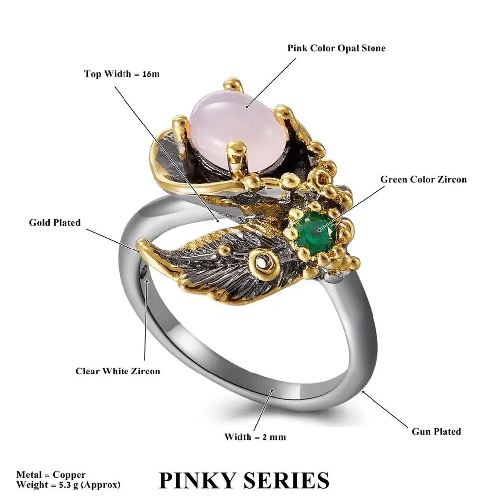 Elegant Pink Opal Blossom Ring in Black Gold for Sizes 7, 8, 9