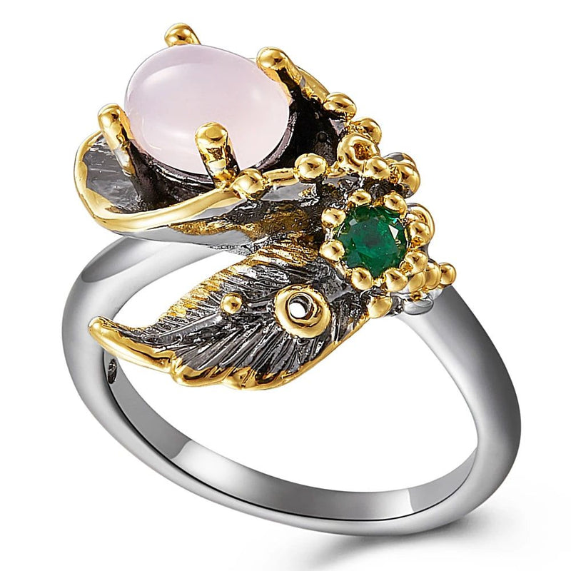 Elegant Pink Opal Blossom Ring in Black Gold for Sizes 7, 8, 9