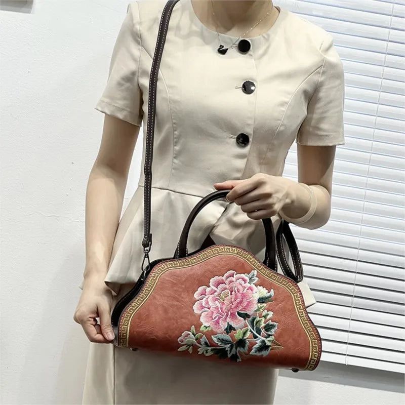 Elegant Retro Chinese Embroidered Leather Shoulder Bag for Women