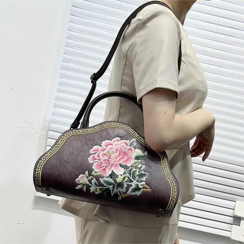 Elegant Retro Chinese Embroidered Leather Shoulder Bag for Women