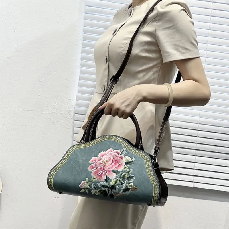 Elegant Retro Chinese Embroidered Leather Shoulder Bag for Women