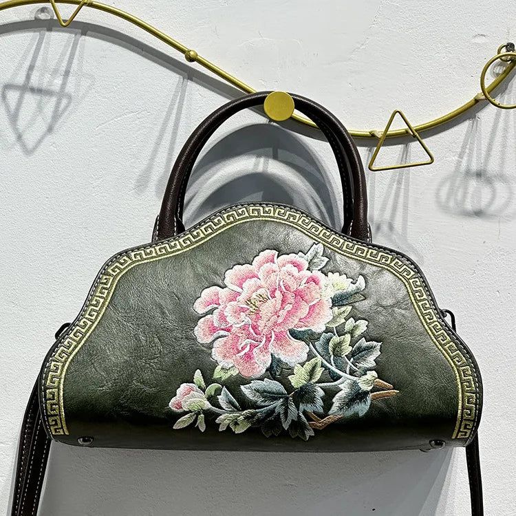 Elegant Retro Chinese Embroidered Leather Shoulder Bag for Women